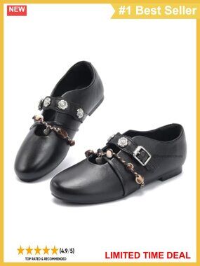 Mary Jane Flats Vintage Beaded Round Toe Slip-On Leather Style Buckle Detail